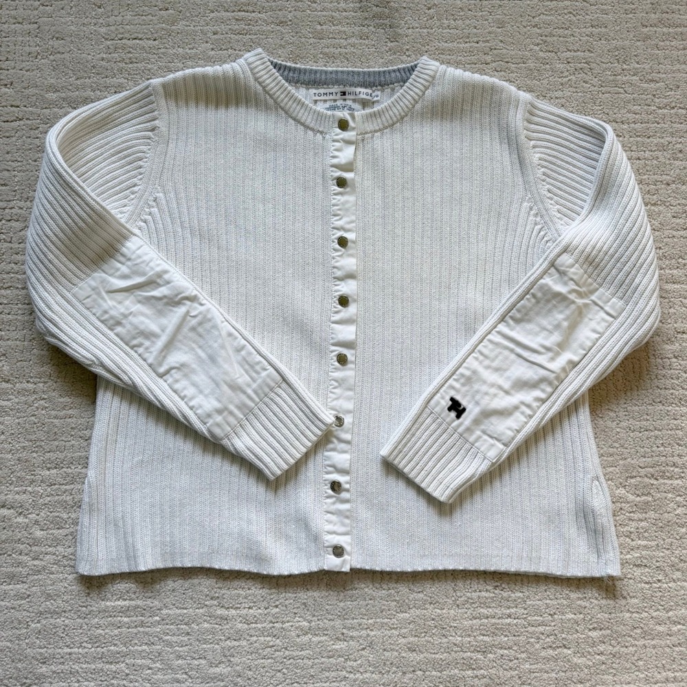 Vintage Tommy Hilfiger White Ribbed Cotton Snap Cardigan Sweater Elbow Patches L